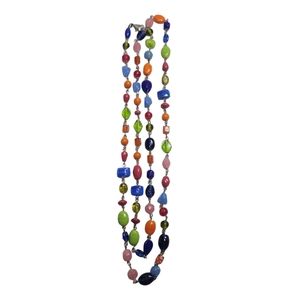 Vintage Long Colorful Beaded Necklace On Silver Chain